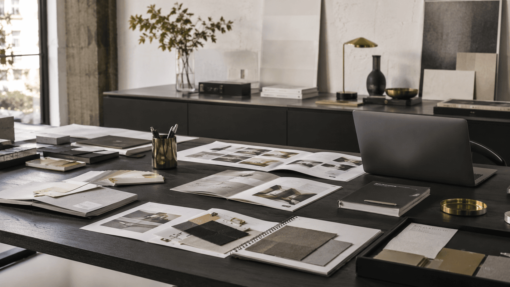 Design materials and printed layouts arranged across a studio worktable.